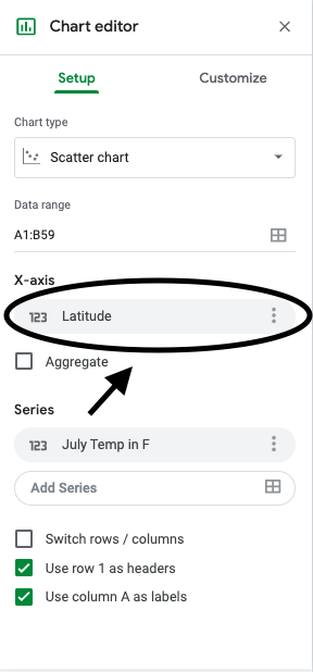 A screenshot of how to choose the independent variable data.