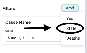 A screenshot of adding a filter for "State" in Chart Editor.