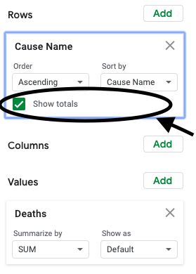 A screenshot of enabling grand totals in sheets.