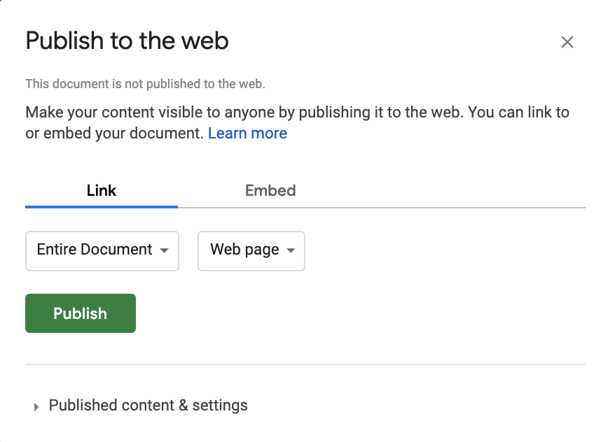 A screenshot of the pop-up box when publishing a spreadsheet from Google Sheets.