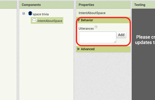 Adding utterances in the Properties for the IntentAboutSpace component