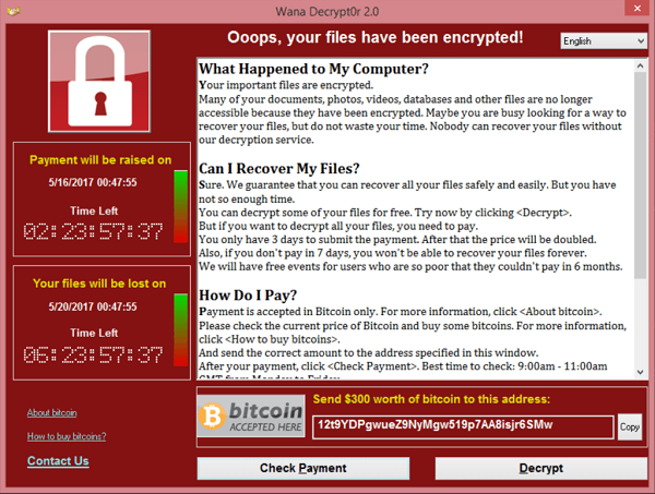 A screenshot of the WannaCry ransomware demand note, titled "Wana Decrypt0r 2.0," showing the ransom message and payment instructions.