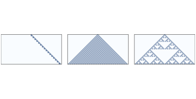 "Figure 9.6: One-dimensional CAs with rules 20, 50, and 18, after 32 time steps."