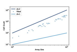 "Figure 9.9: Number of cells in the percolating cluster versus CA size."