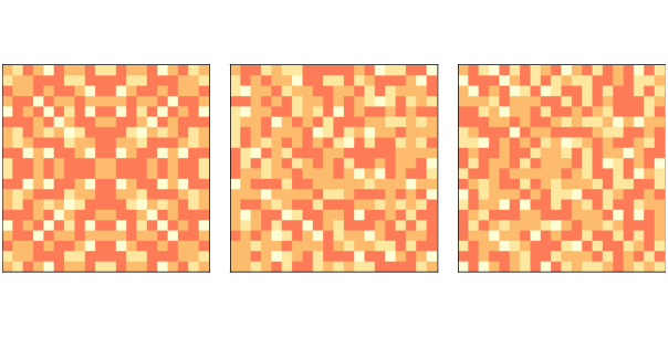 "Figure 10.1: Sand pile model initial state (left), after 200 steps (middle), and 400 steps (right)."