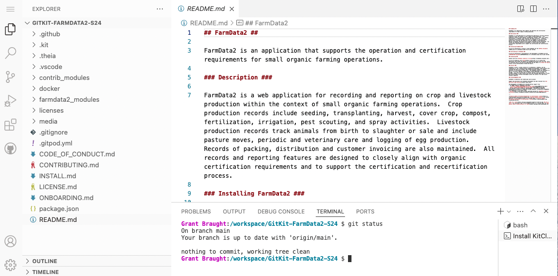 Screenshot showing the KitClient development environment running in GitHub Codespaces.