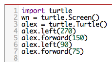 left turn of 270 degrees before drawing, draw a line 150 pixels long, turn left 90, and draw a line 75 pixels long