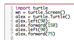 left turn of 90 degrees before drawing, draw a line 150 pixels long, turn left 90, and draw a line 75 pixels long