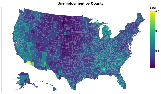 Heat map of the U.S. counties based on relative Unemployment. Colors range from yellow for high unemployment to blue for low employment.