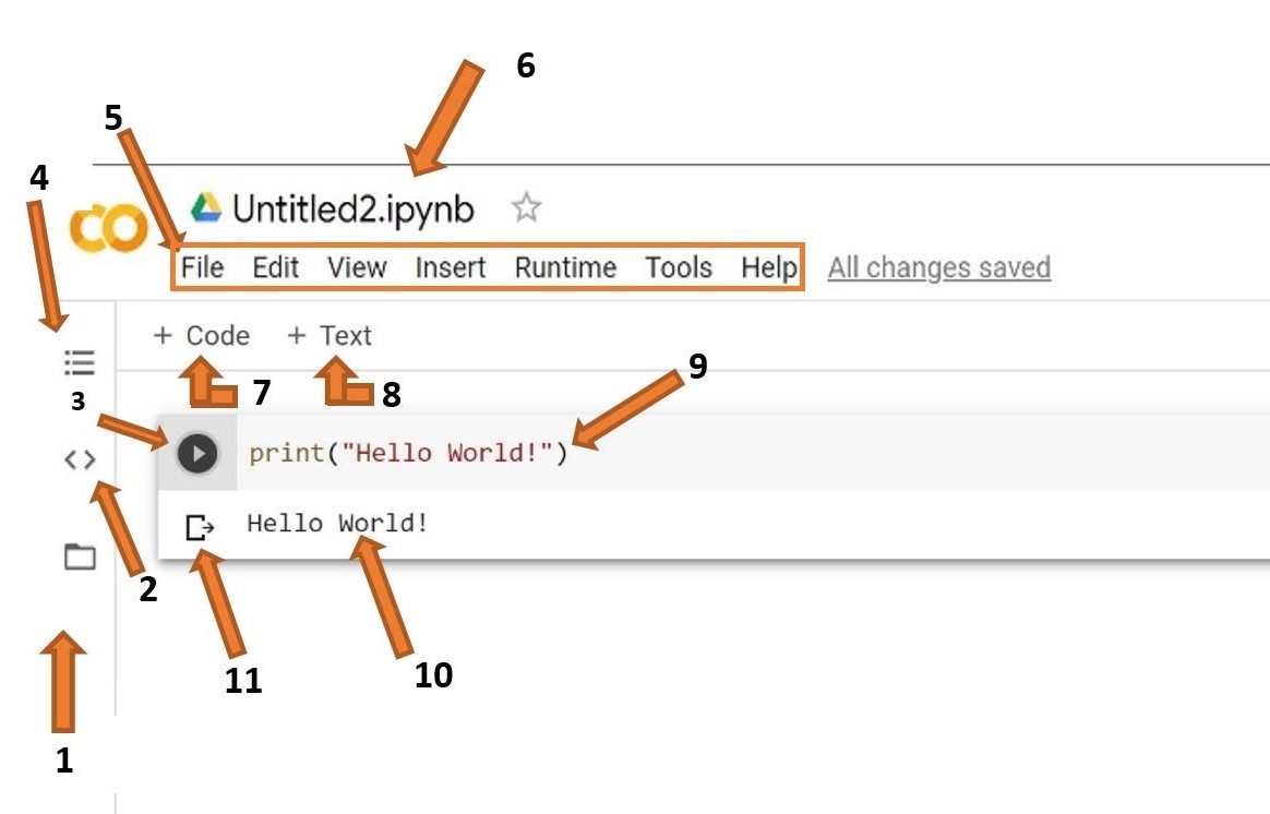 Left side Google Colab notebook with arrows pointing at different features.