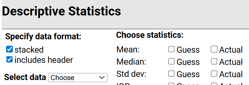 Screenshot of Descriptive Statistics applet interface