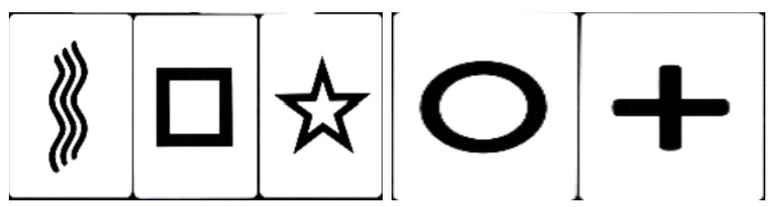 Five ESP test symbols: circle, plus sign, square, diamond, and wavy lines