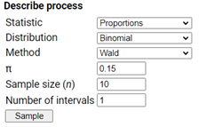 Simulating Confidence Intervals applet showing single interval for pi=0.15, n=10