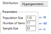 JMP Distribution Calculator setup for hypergeometric distribution
