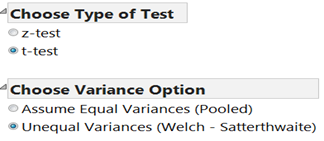 JMP output for unpooled two-sample t-test