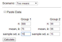 Theory-Based Inference applet for unpooled two-sample t-test with summary data