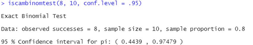 R output showing exact binomial confidence interval