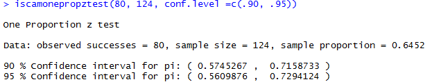R output showing 95% z-confidence interval for kissing study