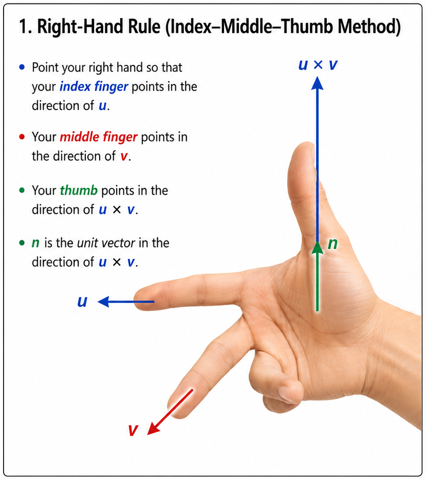 Index finger along u, middle finger along v, thumb along u cross v.