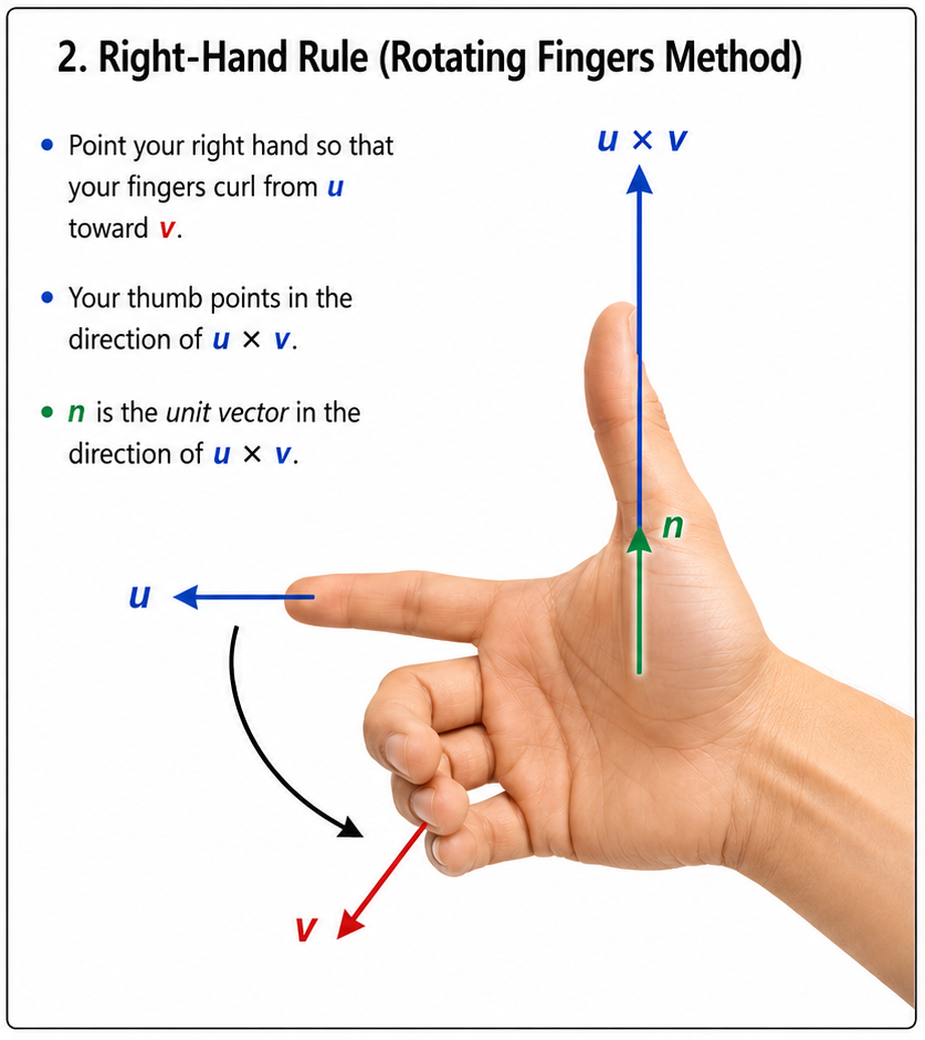 Fingers curl from u toward v, thumb points along u cross v.