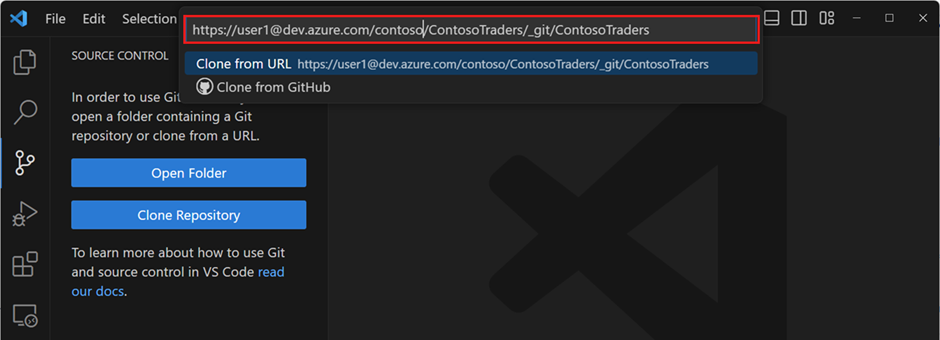 Screenshot of the VS Code quick input prompt asking for a Git repository URL to clone.