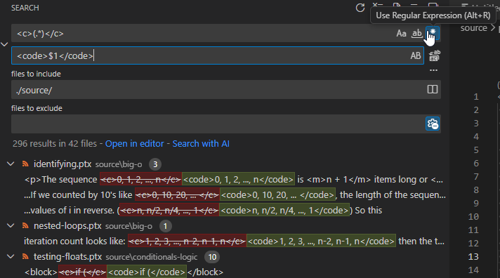 Screenshot of Visual Studio Code’s search dialog with regex mode enabled.